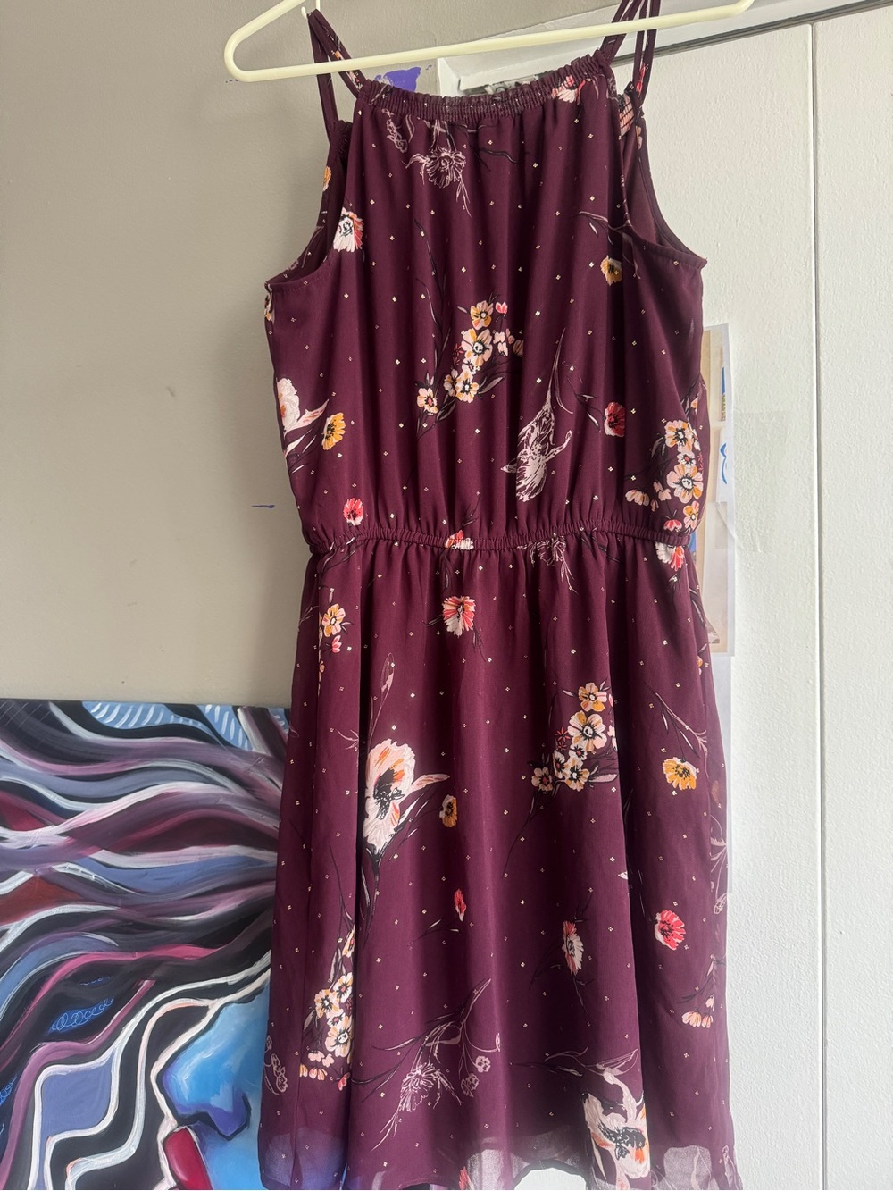 Plum Floral & Gold Foil Dot Sleeveless Dress Small - Picture 6 of 9